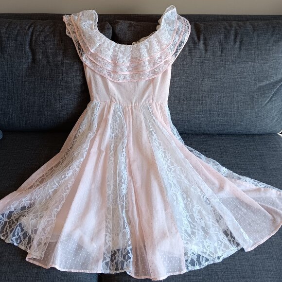 Vintage Pink Swiss Dot Lace Dress Cottagecore Prairie Frilly Dress Lolita - Picture 7 of 9